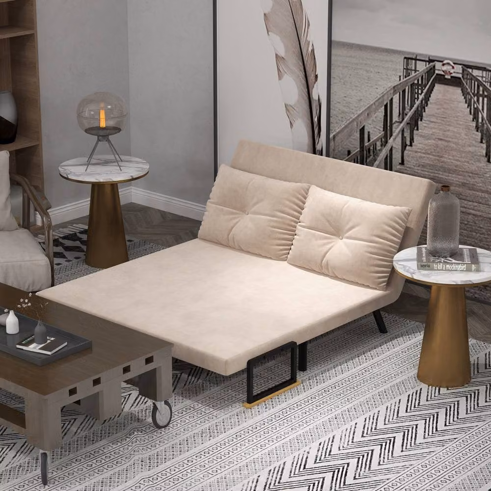 STILVORA 4-in-1 Convertible Double Sofa Bed in Beige Velvet with Scatter Cushions, W/D/H: 140 x 200 cm – 3