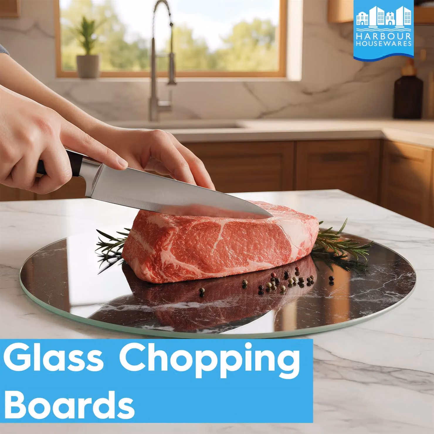 Harbour Housewares White Marble Effect Rectangular Glass Chopping Board with Non-Slip Feet – 5