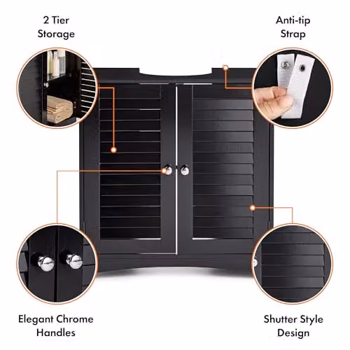 VonHaus Shrewsbury Freestanding Under Sink Bathroom Cabinet with Roll Shutter Doors and Internal Shelves, Black – 9