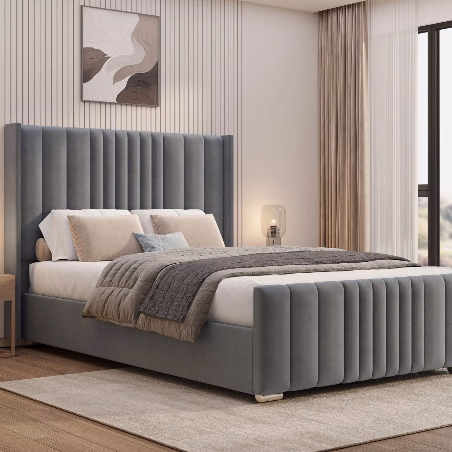 DHS Winged Ottoman Storage Bed Frame in Grey Velvet Fabric, W/D/H: 180 x 200 cm