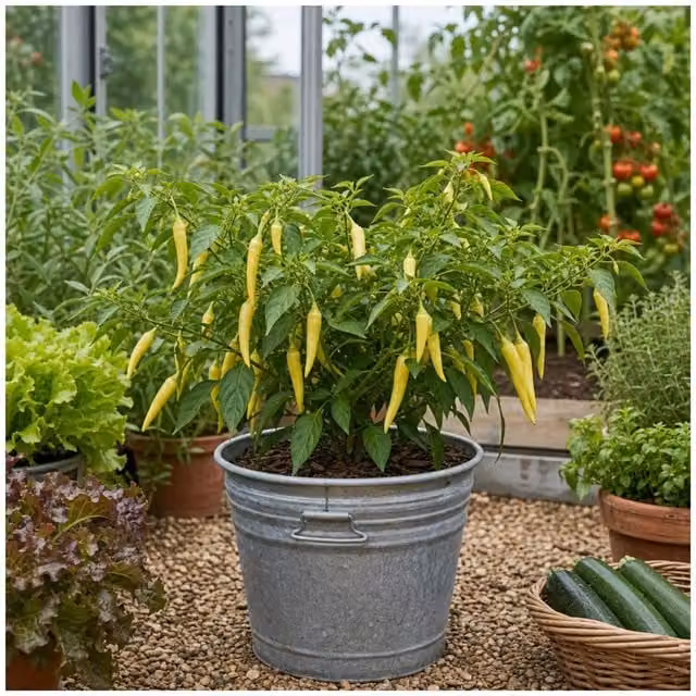Plants By Post Hungarian Hot Wax Chilli Pepper Potted Plant with Yellow, Orange and Red Fruit