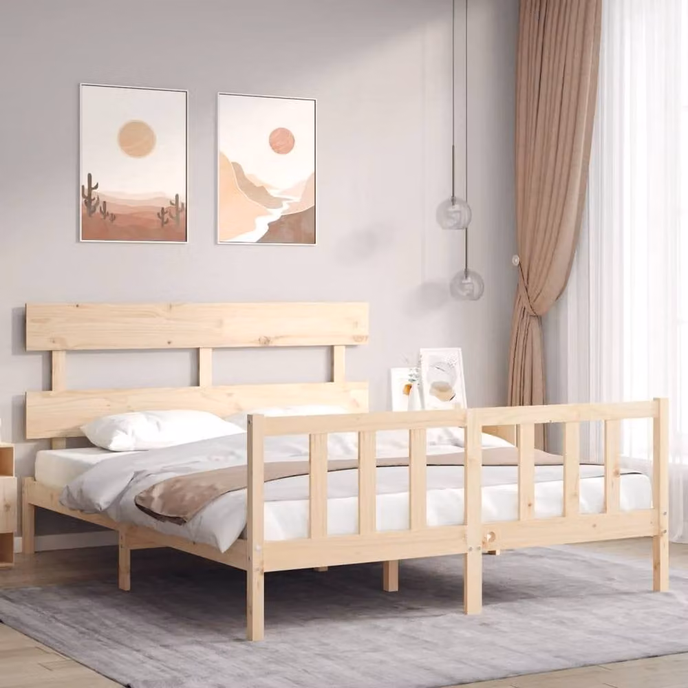 Berkfield Home King Size Solid Wood Bed Frame with Headboard in Sand Beige, W/D/H: 180 x 200 cm – 2