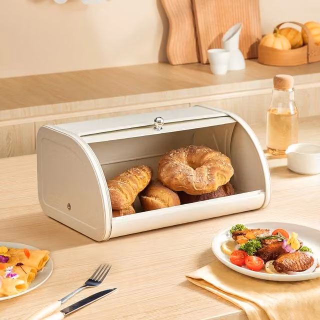 Livingandhome Metal Roll Top Bread Container in Cream