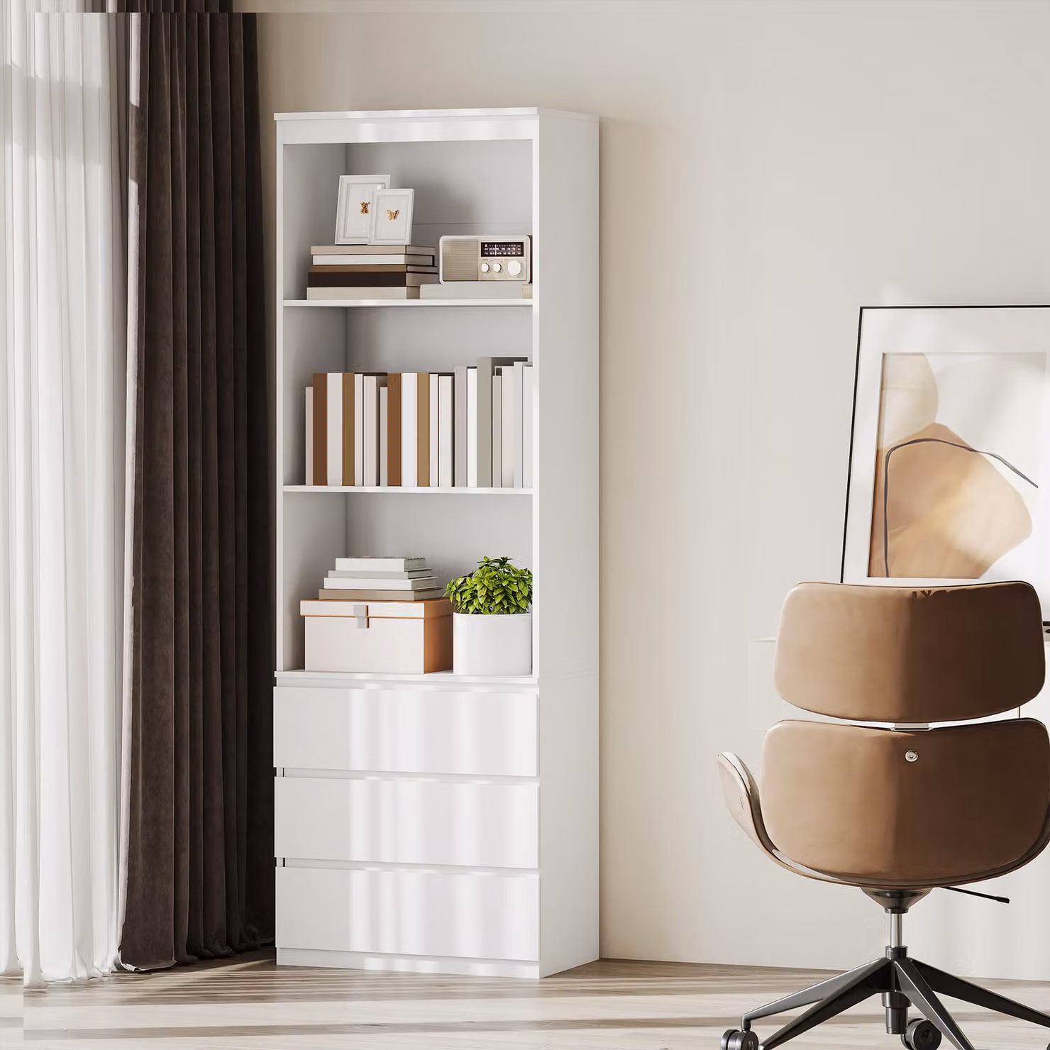 HOMCOM White Tall Bookcase with Shelves and Drawers, Height: 180 cm – 3