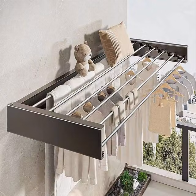Lifeideas Foldable Wall Mounted Aluminium Towel Drying Rack with Shelf, Black