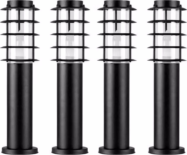 ValueLights Wharf 4 Pack Black Outdoor Garden Bollard Lanterns with Stainless Steel and Glass