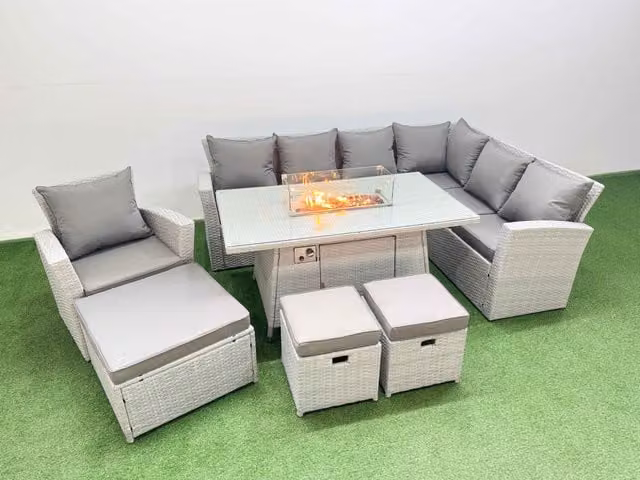 Fimous 10 Seat Rattan Garden Furniture Set with L-Shape Corner Sofa, Ottoman and Gas Firepit Table in Light Grey