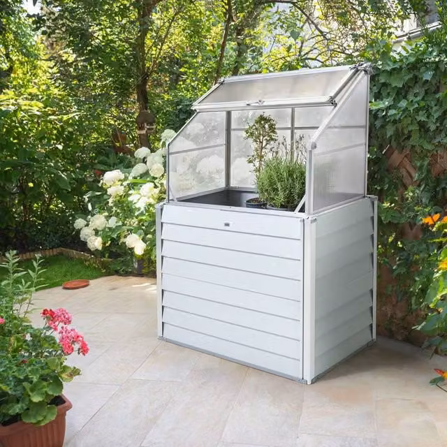 Wyld and Coco White Aluminium Elevated Balcony Greenhouse and Raised Garden Bed with Polycarbonate Cover, W/D/H: 120 x 166 x 62 cm – 1