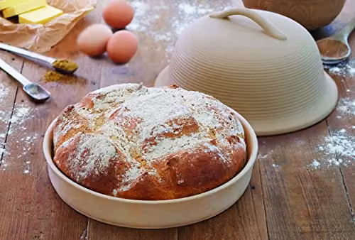 KitchenCraft Stoneware Round Bread Cocotte with Lid in White or Beige, Diameter: 30 cm – 2