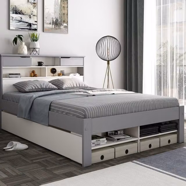Bedmaster Modern Grey and White Striped Solid Wood Storage Bed with Drawers, W/D/H: 140 x 200 cm