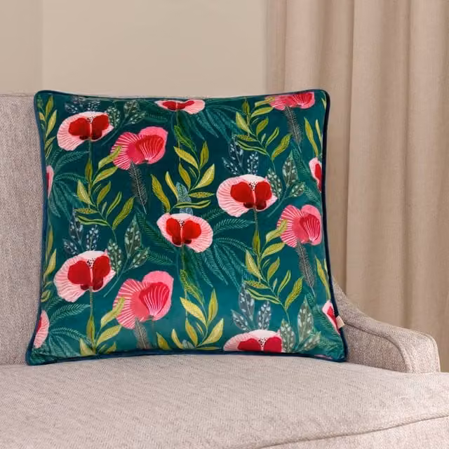 Wylder Nature House of Bloom Floral Velvet Cushion in Petrol, Pink and Green, W/D/H: 43 x 43 x 43 cm