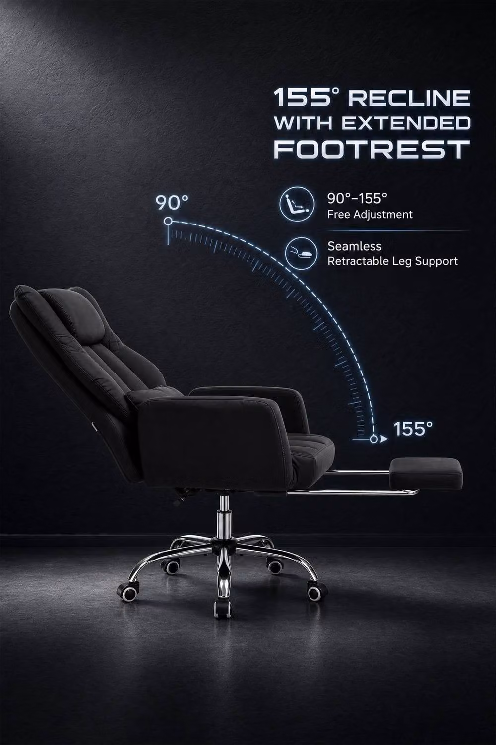 Living and Home Ergonomic Reclining Office Chair with Footrest and Flip-up Armrests in Black Synthetic Leather – 3