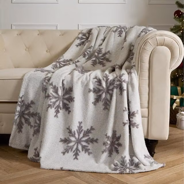 OHS White Glitter Tufted Snowflake Teddy Fleece Throw