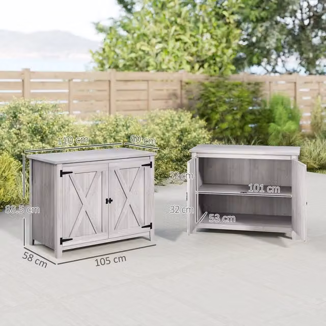 Outsunny Wooden Garden Shed in Light Grey with Double Doors and Shelving