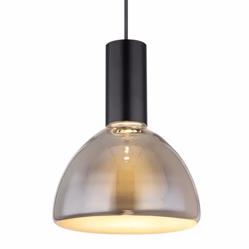 Netlighting Labora Dome Pendant Light with Smoke Glass Shade and Black Metal Finish, Warm White LED 3000K, Diameter: 17 cm