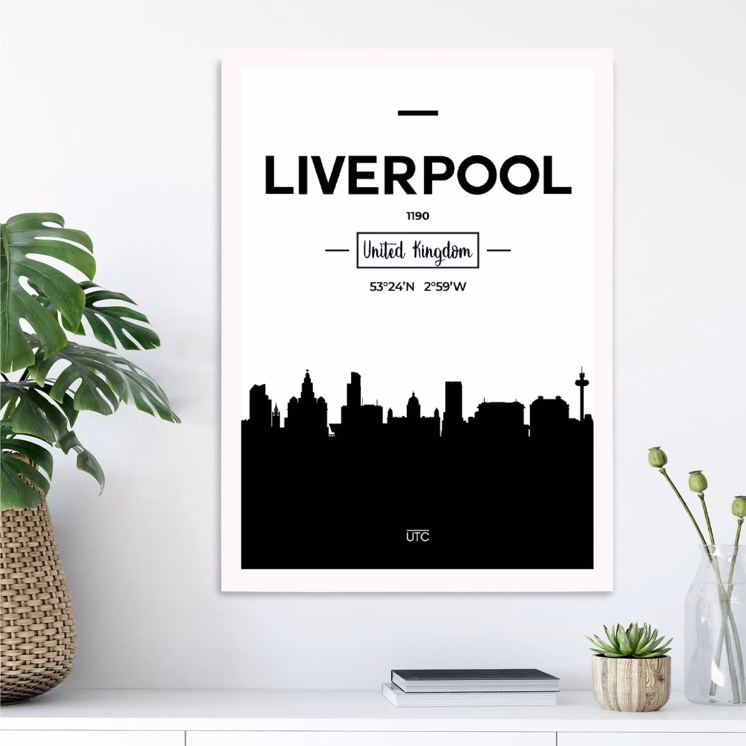 ARTZE Liverpool Black and White City Skyline Framed Print in White Frame, A2 – 2