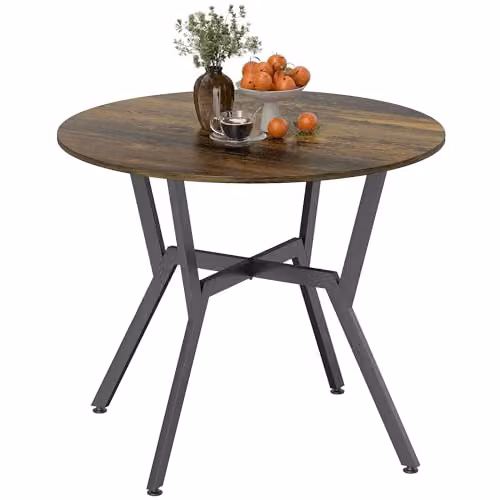 HOMCOM Round Dining Table with Black Metal Legs in Brown