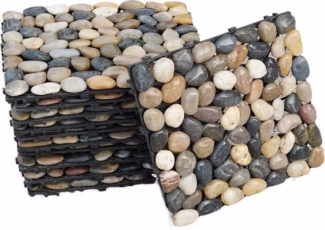 Gr8 Garden 11 Pack Natural Real Pebble Stone Interlocking Floor Decking Tiles, Multicolour, W/D/H: 30.5 x 30.5 x 3.05 cm