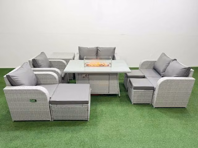 Fimous 9 Seater Rattan Garden Furniture Set with Reclining Love Sofa, Firepit Dining Table, 3 Stools and Side Table in Light Grey