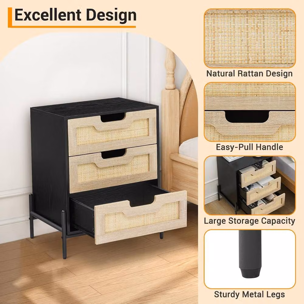 London Boutique Modern Rattan Bedside Table with 3 Drawers in Black, W/D/H: 40 x 40 x 64 cm – 7