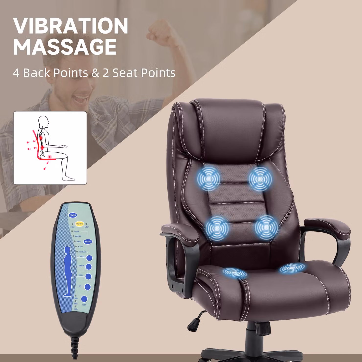 Vinsetto Brown Synthetic Leather Executive Office Chair with 6-Point Vibration Massage and Headrest – 4