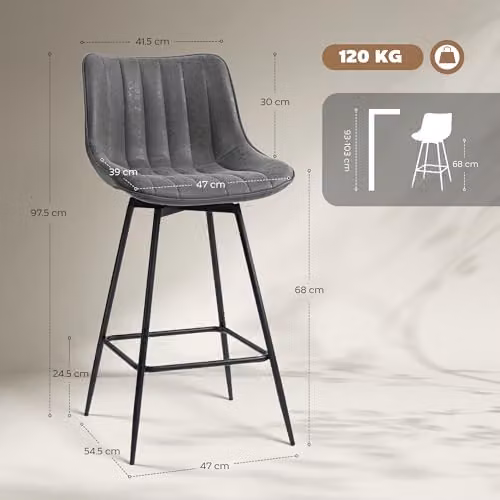 HOMCOM Set of 2 Grey Swivel Bar Stools with Backrest and Footrest, Height Adjustable – 3