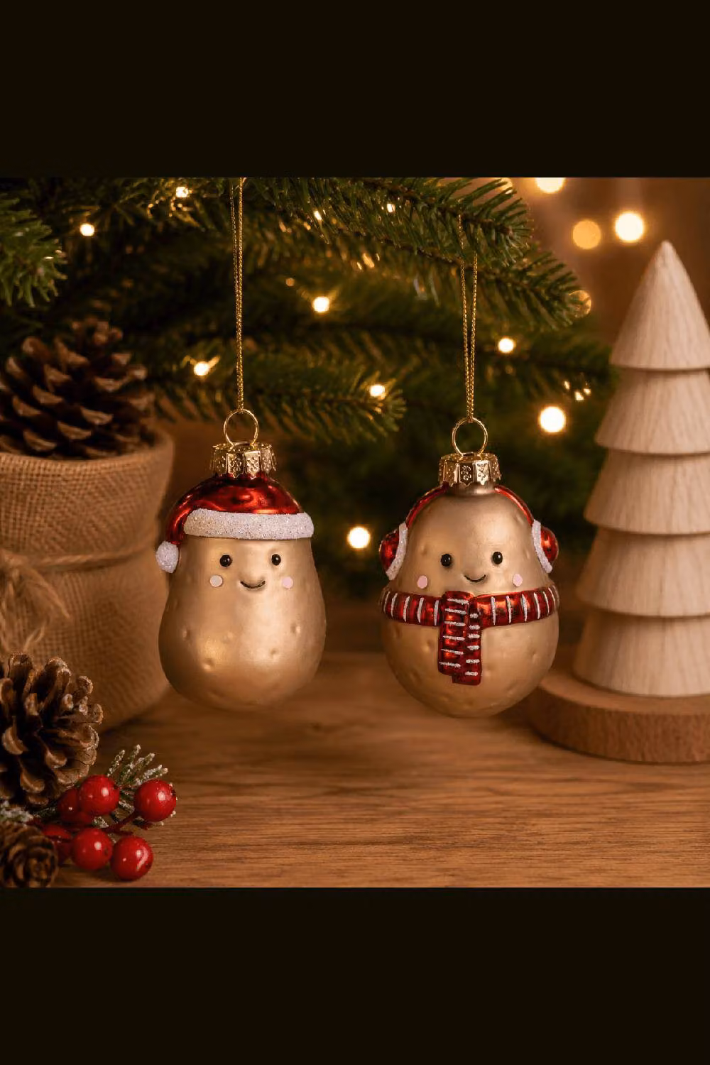 Sass & Belle Set of 2 Gold and Multicolour Glass Hanging Potato Tree Christmas Decorations – 2