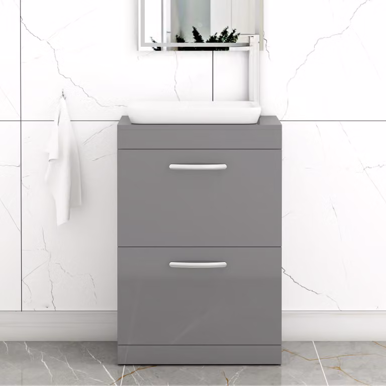 Qubix Turin 500mm Floor Standing 2 Drawer Bathroom Vanity Unit with Countertop Basin in Indigo Grey Gloss