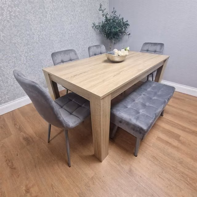 Kosy Koala Oak Effect Dining Table Set with 4 Grey Velvet Chairs and Grey Velvet Bench in Brown – 1