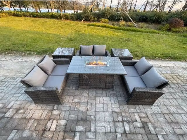 Fimous High Back Rattan Garden Sofa Set with Gas Firepit Dining Table in Dark Grey Mixed