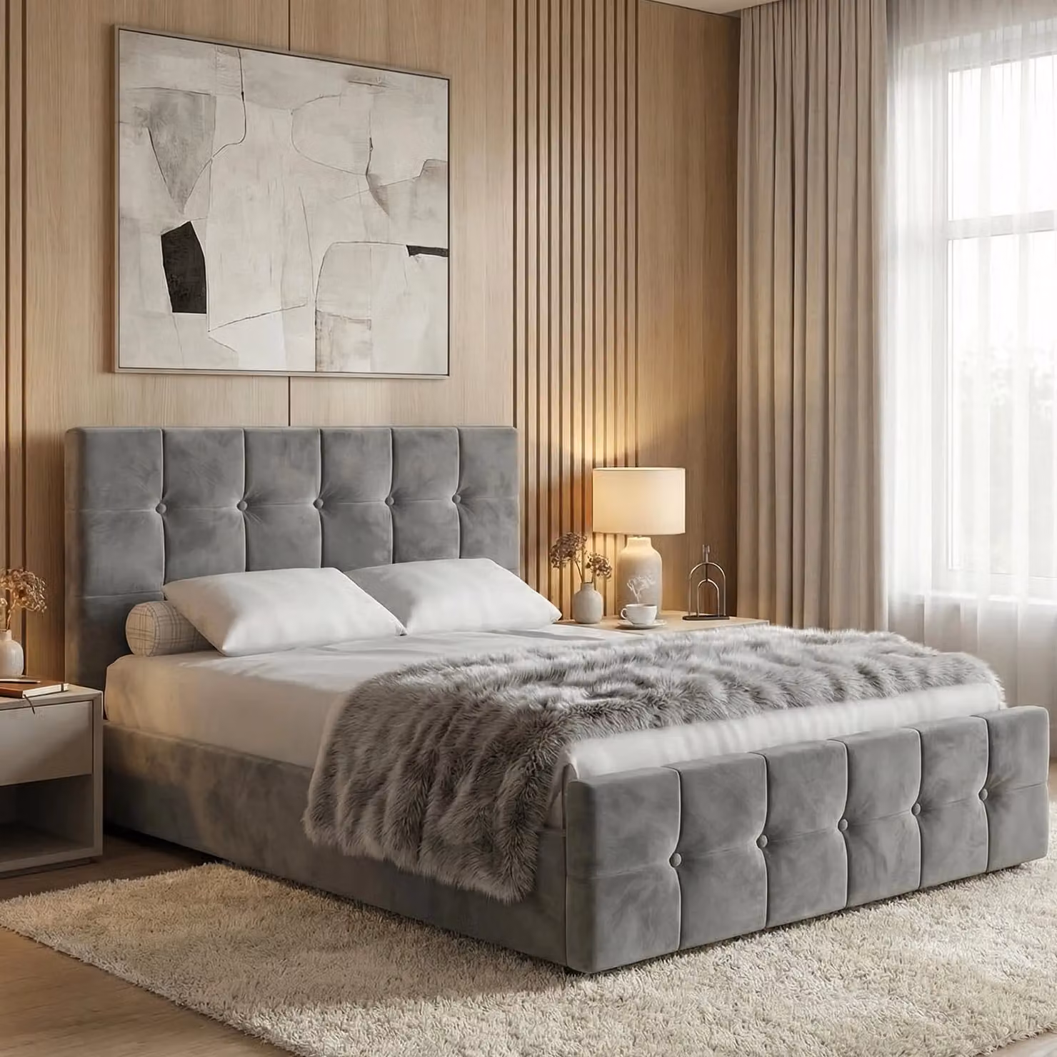 DHS Square Velvet Ottoman Storage Bed Frame in Grey, W/D/H: 120 x 200 cm