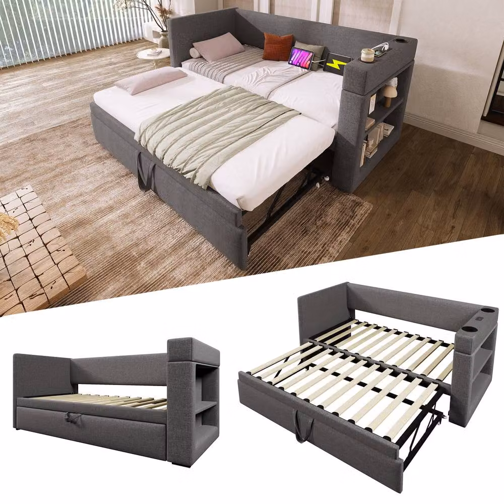 Rolipo Grey Upholstered Single Daybed with Trundle, USB Charging Ports and Side Compartments, W/D/H: 90 x 190 cm – 10