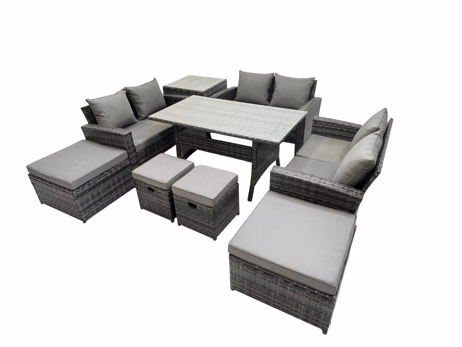 Fimous 10 Seater Outdoor Dining Set with Table, Double Seat Sofa, Side Table and 4 Stools in Dark Grey – 2