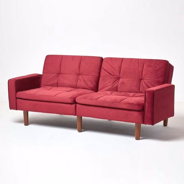 Homescapes Murphy Velvet Large 3 Seater Sofa Bed in Bordeux with Click-Clack Sleeping Function