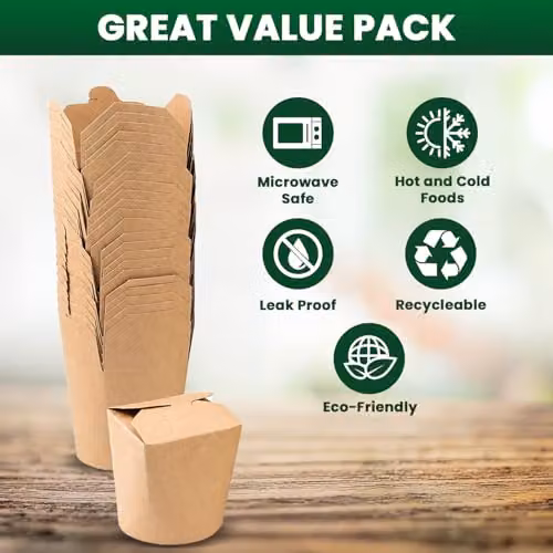 ECONX 50 Pack Brown Kraft Noodle Pots, 26oz Biodegradable Disposable Takeaway Food Containers – 2