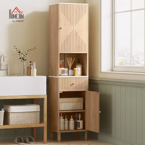 HOMCOM Tall Bathroom Cabinet with Silent-Glide Drawer and Adjustable Shelves, Brown Oak Wood Effect, H 168 x W 41.5 x D 30 cm – 2