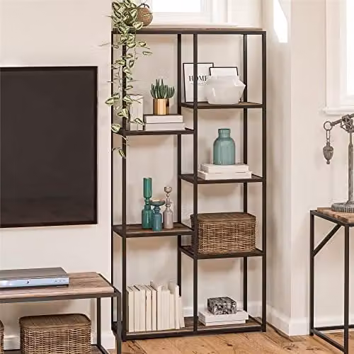 DHP Quincy 5 Shelf Bookcase in Weathered Oak Look, Brown, H 180.0 x W 86.2 x D 36.2 cm – 1