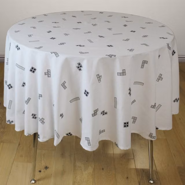 Tetris Modern Graphic Round Tablecloth in White, Diameter: 137.16 cm
