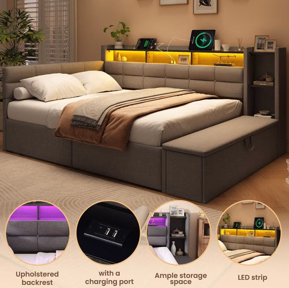 STILVORA Double Upholstered Bed in Grey with LED Lighting, USB Charging Ports and Storage Drawers, W/D/H: 140 x 200 cm – 4