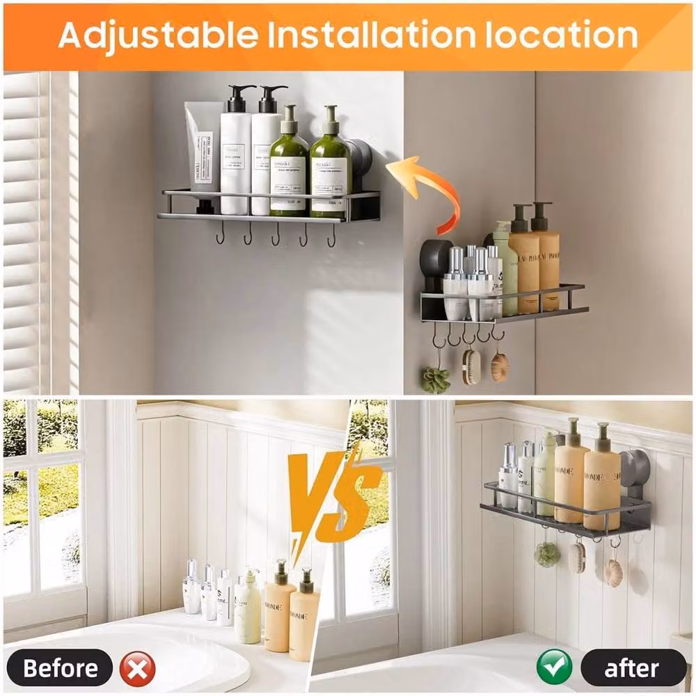 PAWNORA Grey Rustproof Aluminium Alloy Suction Cup Bathroom Shelf with 50 cm Rod – 4