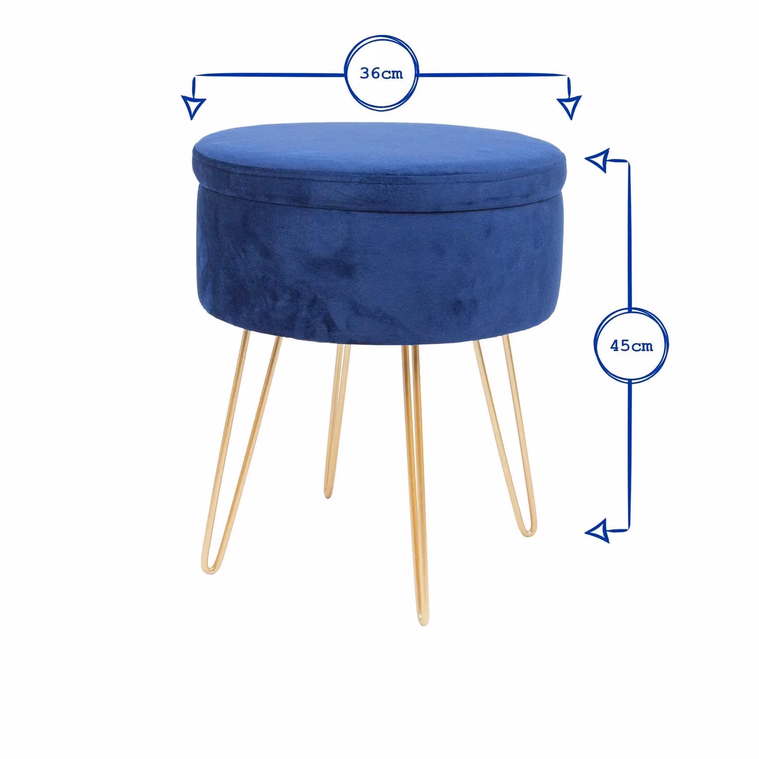 Harbour Housewares Round Velvet Storage Footstool in Blue with Gold Legs, H45 x D36 cm – 4