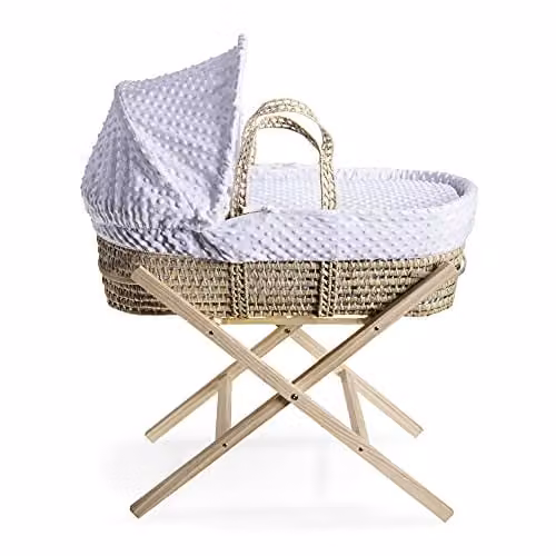 Clair de Lune Dimple Palm Moses Basket with Natural Folding Stand, White, W: 75 cm, D: 28 cm