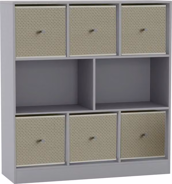 URBNLIVING 8 Cube Bookcase in Grey with 6 Beige Fabric Storage Drawers