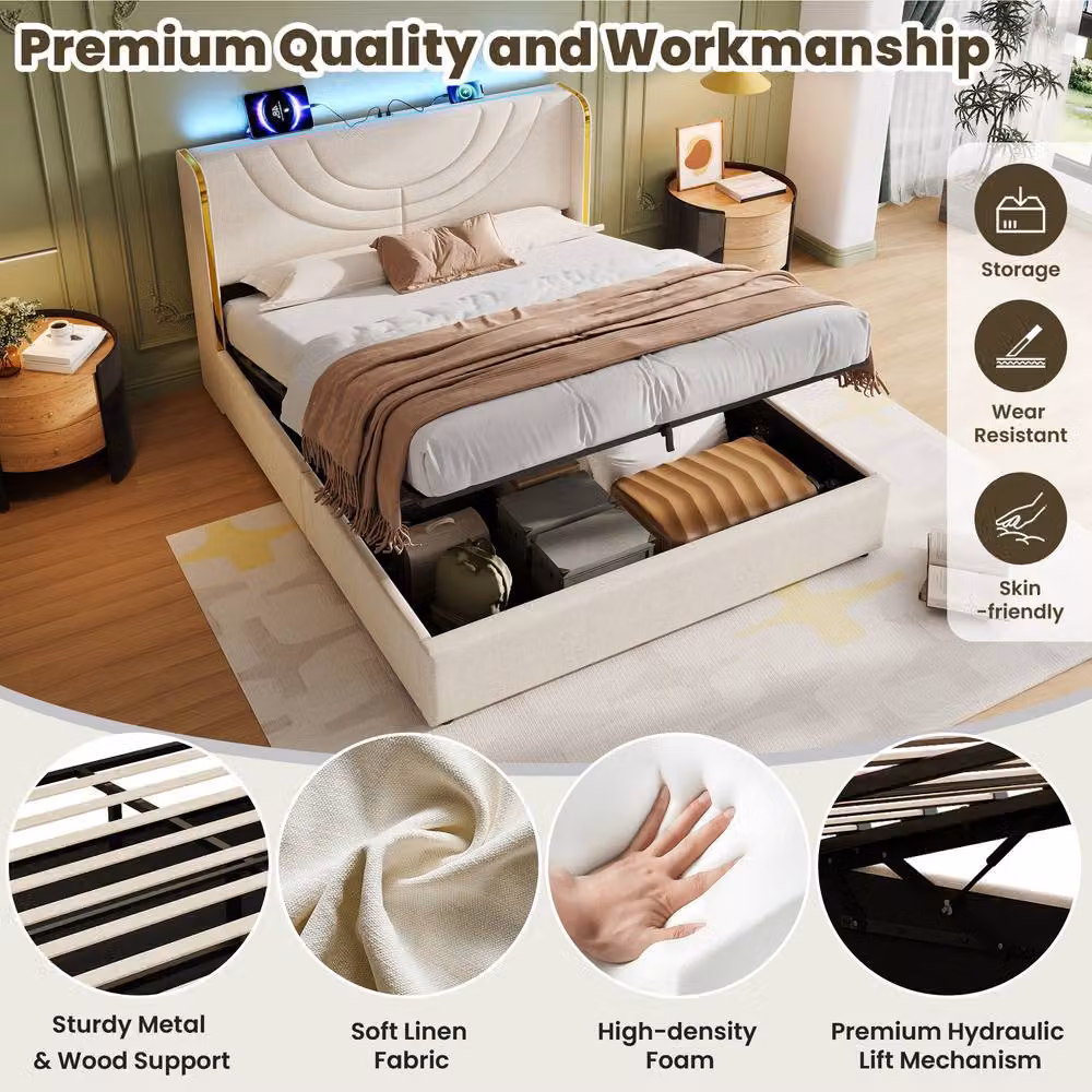 Matteo Double Upholstered Bed Frame in Beige with Hydraulic Storage, LED Headboard and USB Charging Port, W/D/H: 140 x 200 x 108 cm – 4