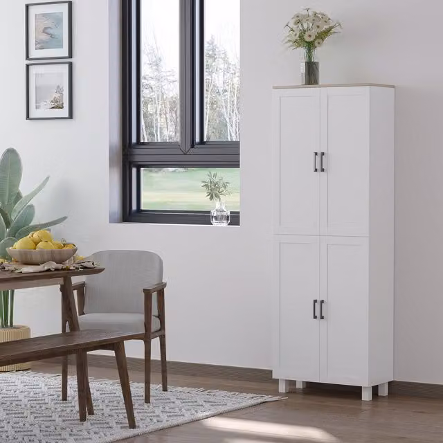 HOMCOM Modern Kitchen Cupboard, 4-Door Freestanding Tall Storage Unit with Internal Shelves, White and Natural Wood Effect