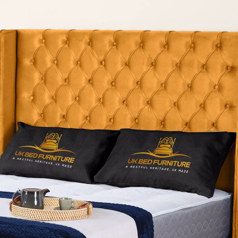 UK Bed Furniture Windsor Wingback Gas Lift Storage Upholstered Bed in Yellow Velvet, Size: Single (W/D: 90 x 200 cm) – 2