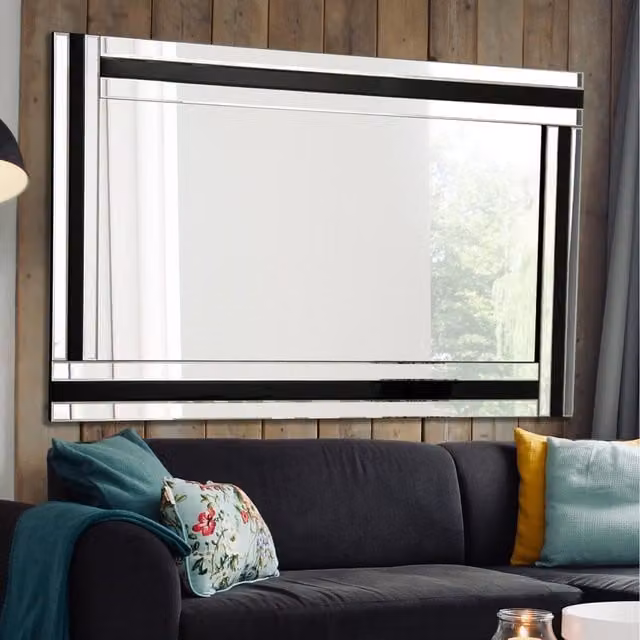 MirrorOutlet Black and Silver Rectangular Bevelled Triple Edge Wall Mirror, H 144.0 x W 115.5 cm