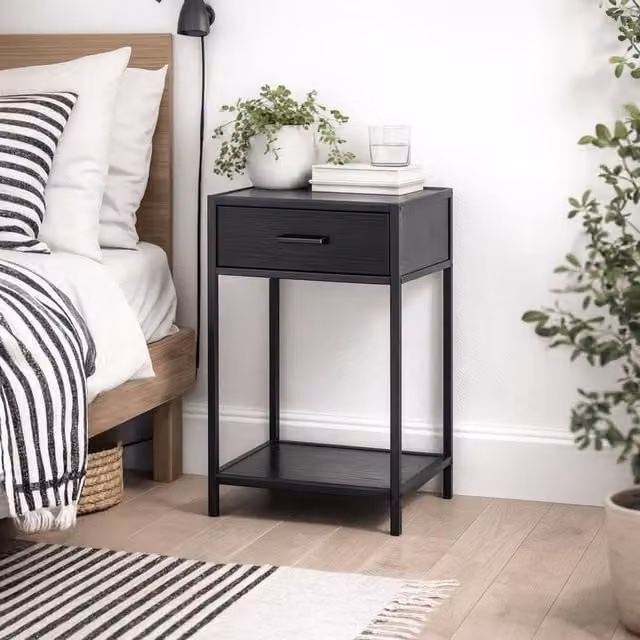 Wyld Haus El Paso Bedside Table with 1 Drawer and Bottom Shelf in Ash and Black – 1