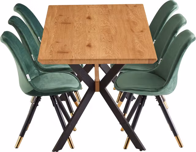 Life Interiors Sofia Blaze LUX Mid-Century Extendable Rectangular Dining Set with 6 Chairs in Green and Gold