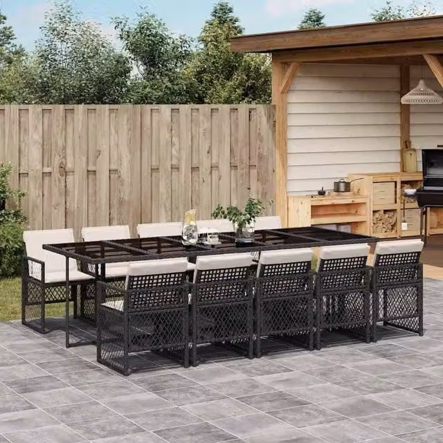 Berkfield Home 11 Piece Black Poly Rattan Garden Dining Set with Glass Tabletop and Cushions